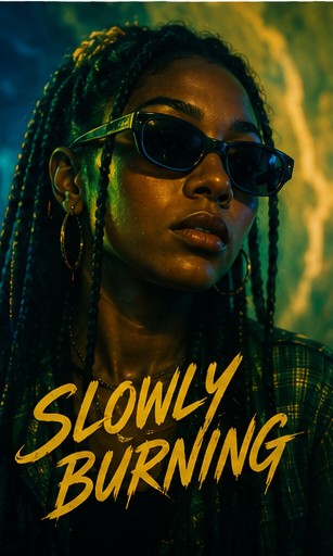 A portrait of artist NNAVY with sunglasses and braids with text 'SLOWLY BURNING'.