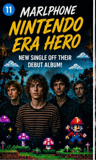 Marlophone band members posed against a pixel art Nintendo landscape for Nintendo Era Hero.