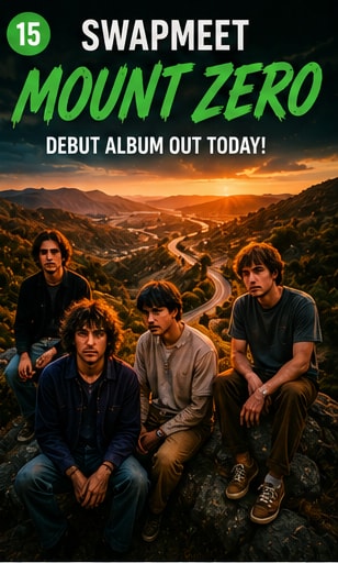 Swapmeet band members sitting on a hillside overlooking a winding road for Mount Zero.