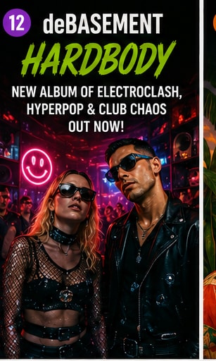 Ebbb performing in a dark London underground venue with vibrant neon lights.