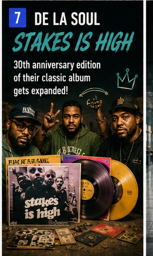 Classic vinyl records and artwork celebrating De La Soul's Stakes Is High 30th anniversary.