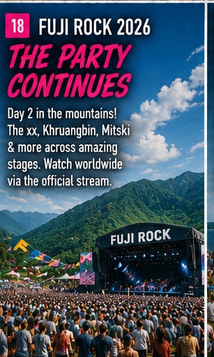 Fuji Rock Festival mountain stage illuminated at night in Naeba.