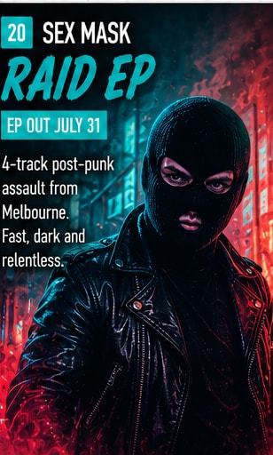 Sex Mask performer in a black balaclava under dark neon-red lights on a post-punk club stage in Melbourne.