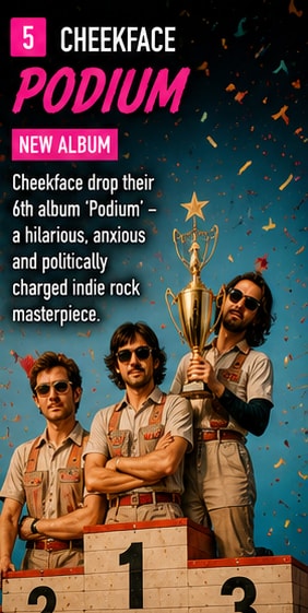 Cheekface performing quirky indie rock live on stage surrounded by synth units and bass rigs.