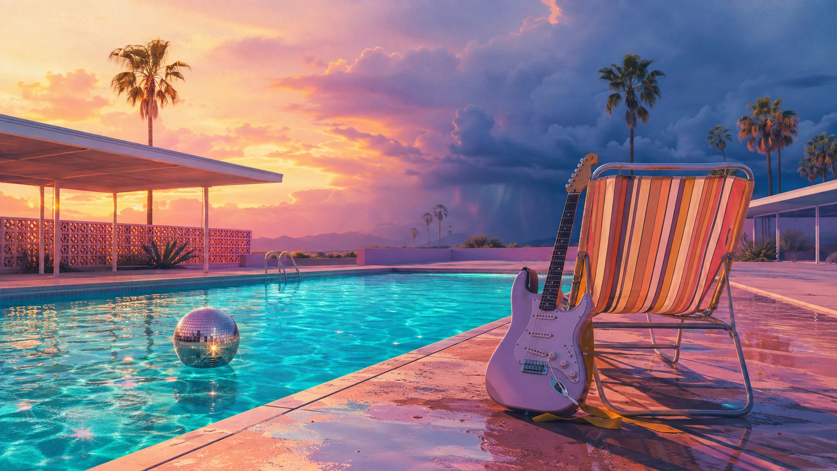 Sunset pool patio in Los Angeles with palm trees, a floating disco ball, and an electric guitar on a lounge chair.