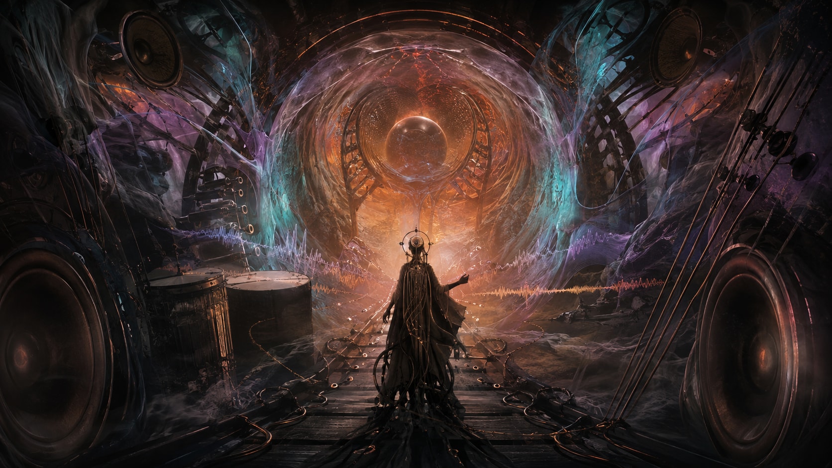 Mysterious figure standing inside an industrial acoustic chamber with giant speaker cones and ambient webs.