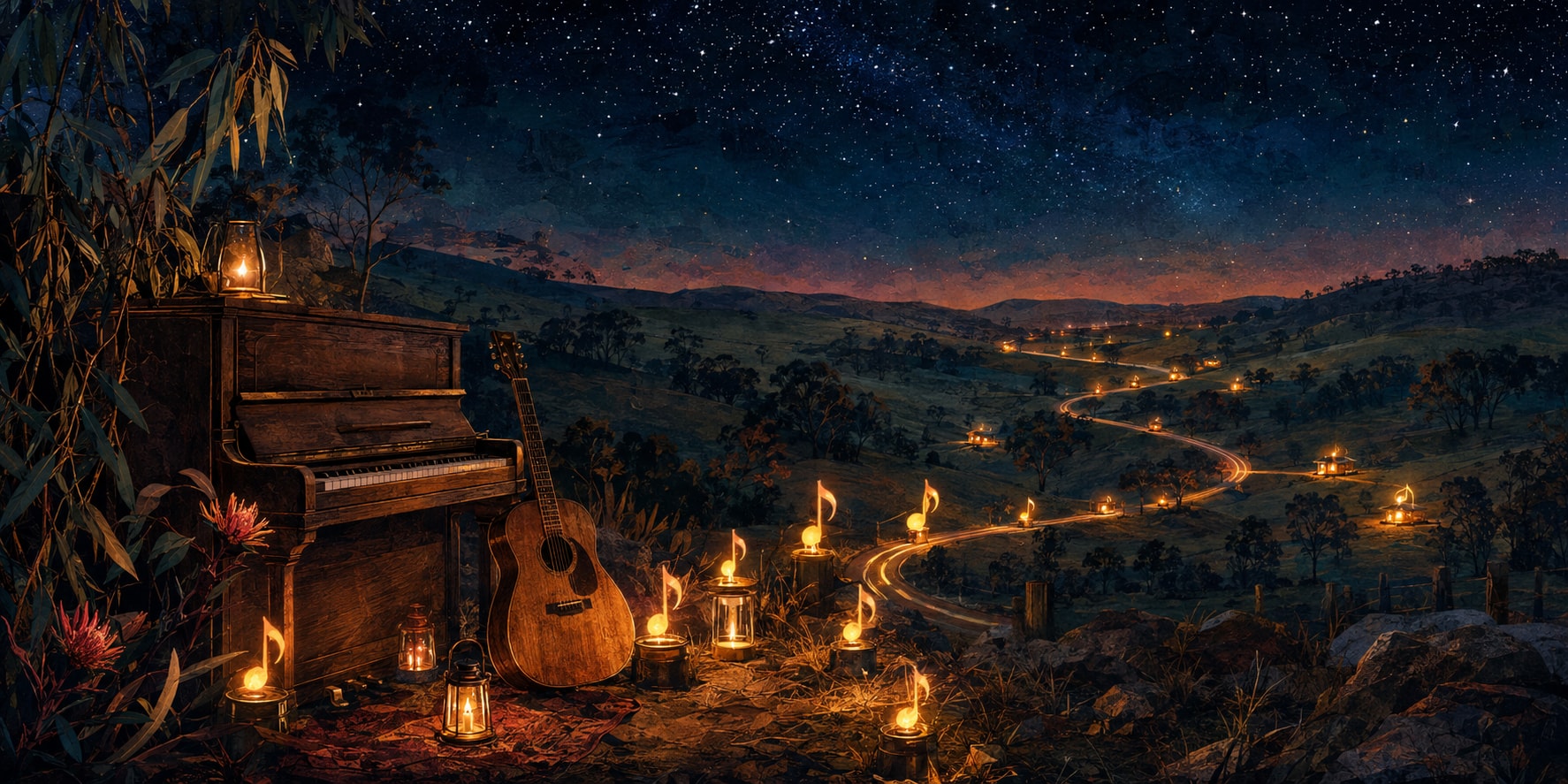 Tom Iansek performing solo with piano and warm spotlight on an intimate Australian theater stage.