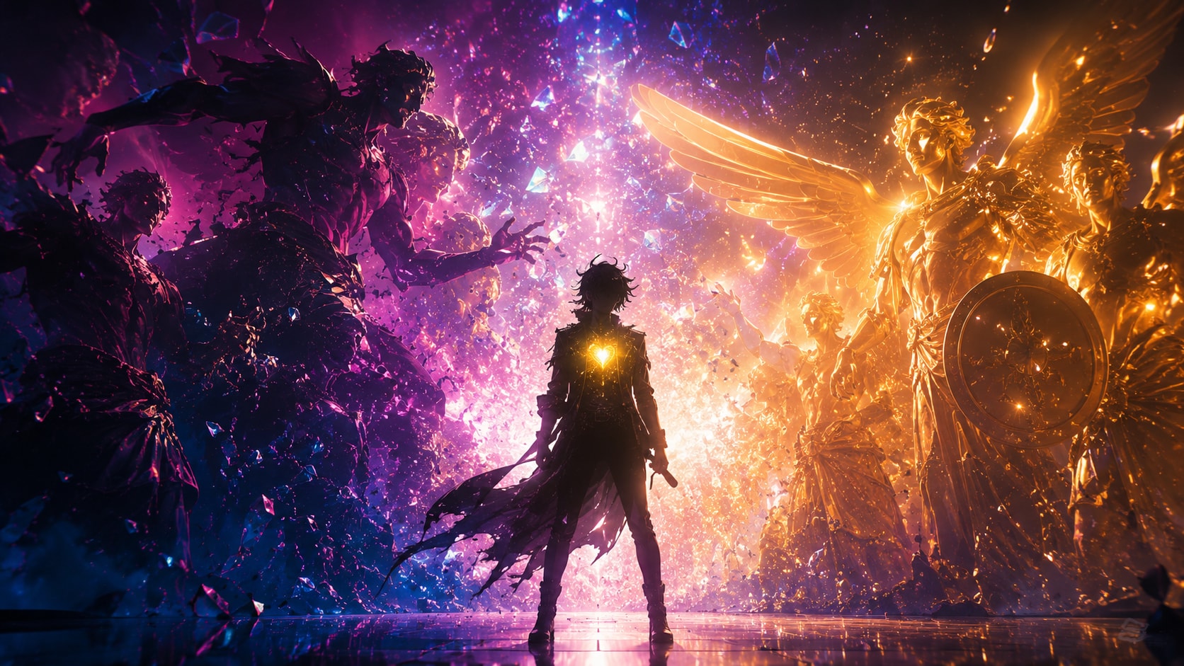 Artistic cinematic illustration for NEVERKID single Evil Heroes featuring light and dark figures.