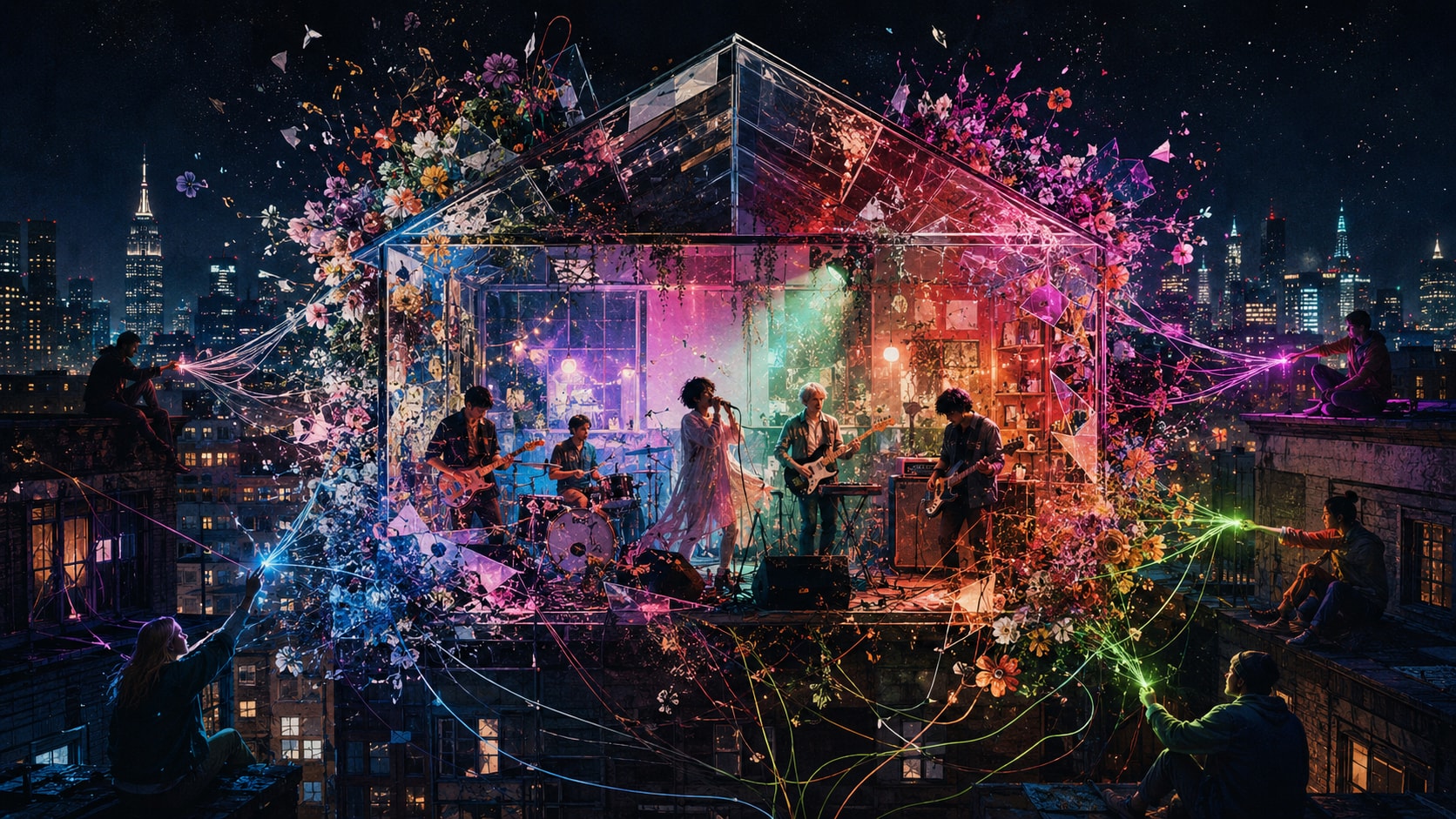 Indie rock band Slow Fiction performing on stage under red and blue lights.