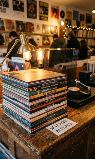 A stack of new indie vinyl releases awaiting Friday's massive record launch.