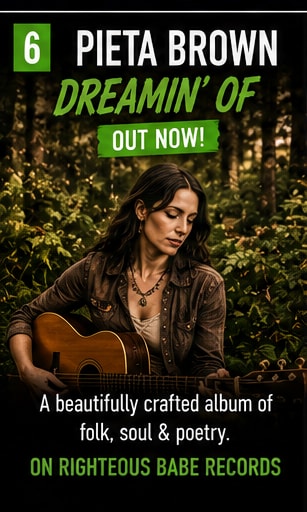 Pieta Brown holding guitar in forest setting for new album Dreamin' Of.