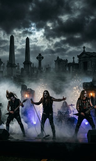 Mother of Graves perform atmospheric death-doom against a moonlit graveyard stage.