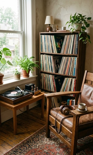 Cozy listening corner with turntable and vinyl shelves for weekend album exploration.