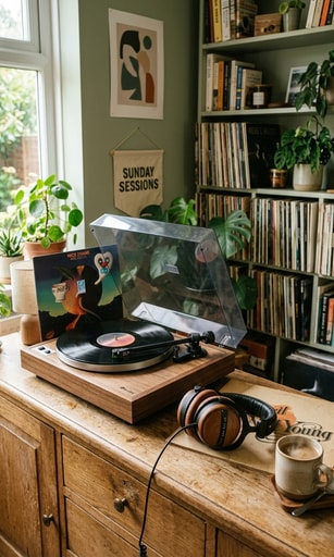 Cozy Sunday listening setup with vinyl turntable and headphones encouraging full album listening.