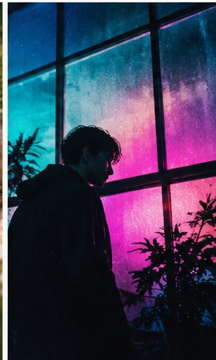 Hooded music producer looking through grid window into ethereal magenta and cyan atmospheric lighting.