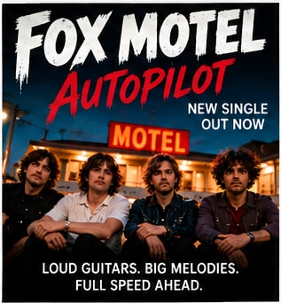 Indie-rock band Fox Motel seated together in front of a retro roadside motel sign at twilight.