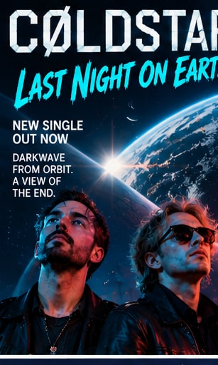 CØLDSTAR duo Martin Baumann and Michael Freund in leather jackets looking up as Earth glows in orbit behind them.