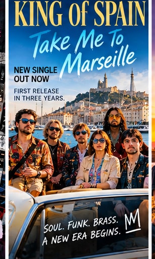 Adelaide nine-piece King of Spain sitting in and around an open-top vintage car with Marseille harbor behind them.