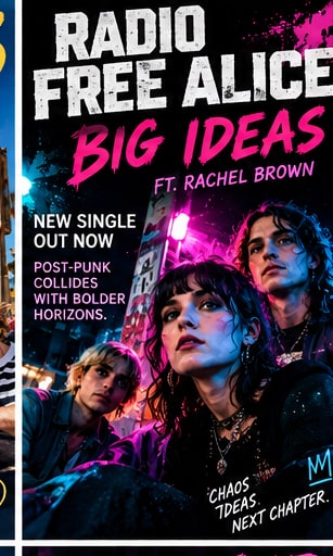 Melbourne post-punk band Radio Free Alice bathed in neon pink and purple city lighting promoting Big Ideas.