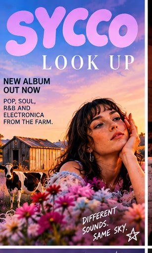 Sycco resting her chin in her hand against a pastel sunset sky with wildflowers and a rustic farm barn.