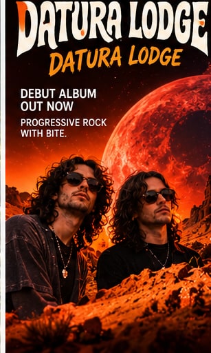 Poster for Datura Lodge self-titled debut album featuring Nicky B and W against a red alien desert planetary landscape.