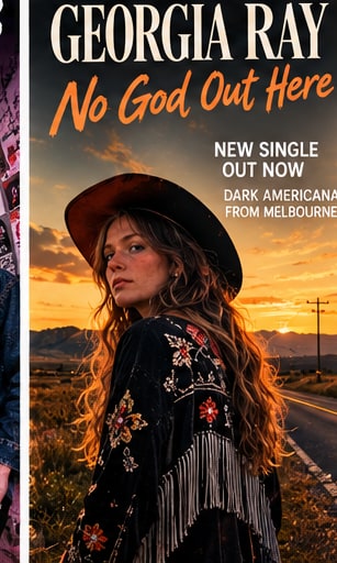 Poster for Georgia Ray single No God Out Here showing the Melbourne songwriter in brimmed hat and fringed jacket by a desert highway.