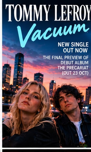 Poster for Tommy Lefroy single Vacuum featuring Tessa Mouzourakis and Wynter Bethel against a sunset city skyline.