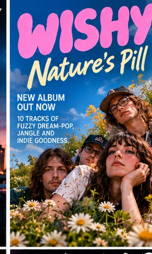 Poster for Wishy album Nature's Pill featuring Kevin Krauter, Nina Pitchkites, and band members lying in summer grass and daisies.