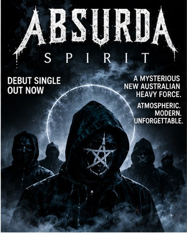 Poster for ABSURDA debut single SPIRIT featuring masked, hooded figures against a dark smoky backdrop.