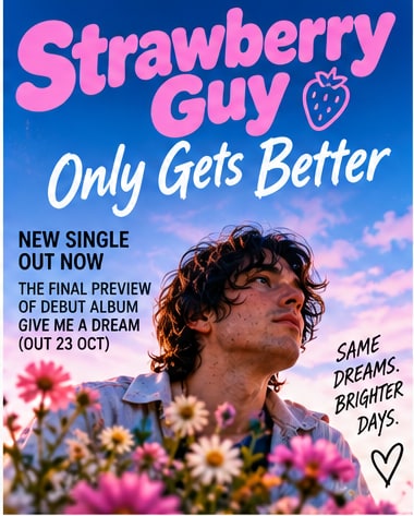 Single poster for Strawberry Guy's Only Gets Better showing Alex Stephens gazing upward among wildflowers under a soft sky.