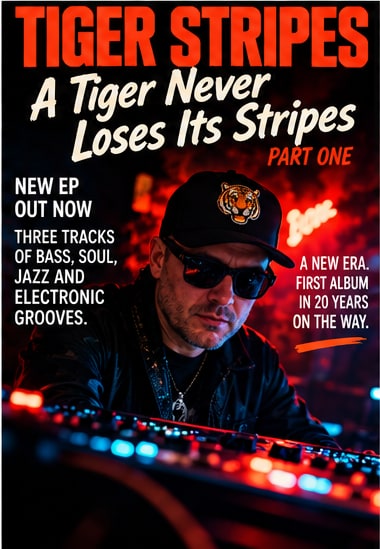 EP poster for Tiger Stripes' A Tiger Never Loses Its Stripes Part One showing Mikael Nordgren in dark glasses at a studio soundboard.
