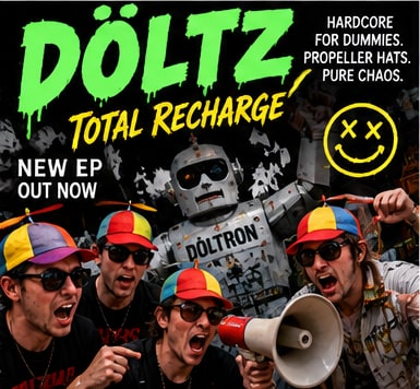 EP poster for DÖLTZ's Total Recharge showing the band wearing colorful propeller hats with metal robot mascot DÖLTRON and a megaphone.