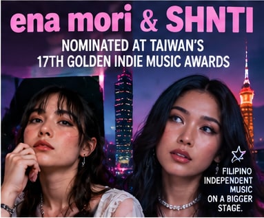 Artwork celebrating ena mori and SHNTI's nominations at Taiwan's 17th Golden Indie Music Awards featuring portraits of both artists with Taipei city skyline.