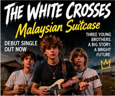 Debut single poster for The White Crosses' Malaysian Suitcase featuring three teenage musicians with electric guitars.