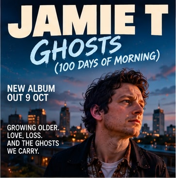 Album artwork for Jamie T's Ghosts (100 Days Of Morning) featuring the Wimbledon songwriter against an evening city skyline.
