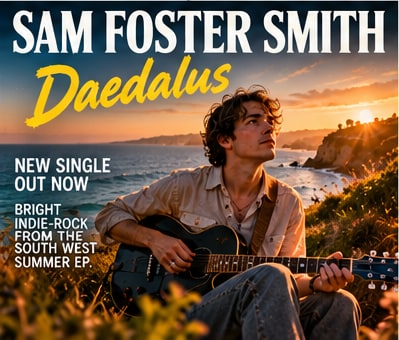 Sam Foster Smith playing an electric guitar against an ocean sunset on a coastal cliffside for Daedalus.