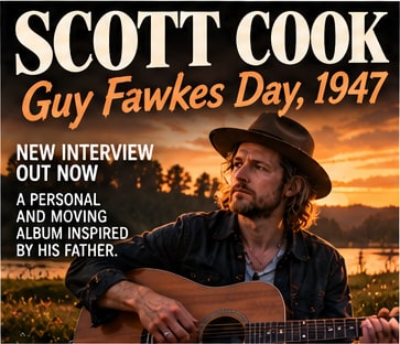 Scott Cook pictured with an acoustic guitar in a golden hour field for album Guy Fawkes Day, 1947.