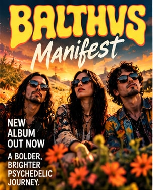 Poster for BALTHVS' album Manifest showing the Colombian psychedelic trio in sunglasses among vibrant orange flowers at sunset.