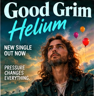 Trevor Free of Good Grim gazing skyward beneath red and yellow balloons for his new single Helium.
