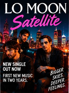 Lo Moon band members photographed in a convertible against a glowing nocturnal city skyline for their new single Satellite.