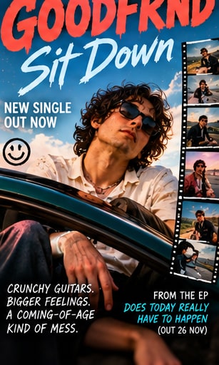 Stylized promotional poster for GOODFRND single Sit Down capturing cinematic coming-of-age street aesthetics.