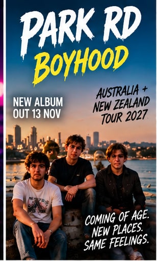 Tour and album poster for PARK RD Boyhood showing four band members seated by a harbour shoreline at dusk.