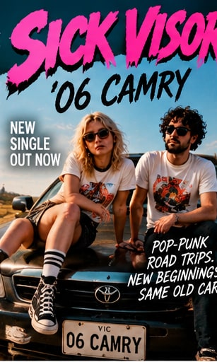 Pop-punk poster for Sick Visor single '06 Camry showing duo Alex Moses and Katie Lovelock seated on the hood of an old Toyota.