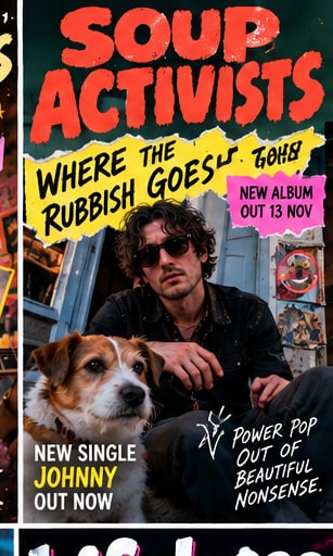 Poster for Soup Activists announcing Where The Rubbish Goes with Martin Meyer and a Jack Russell terrier on city steps.
