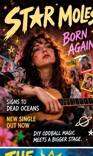 Poster for Star Moles celebrating signing to Dead Oceans and new single Born Again, featuring Emily Moales with acoustic guitar in a decorated studio.