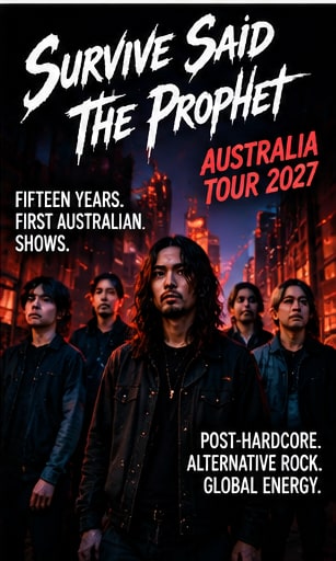 Tour poster for Survive Said The Prophet debut Australian tour 2027 featuring band portrait in front of a neon city skyline.