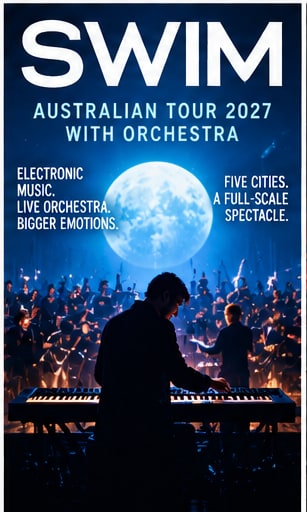 Concert poster for SWIM Australian Tour 2027 showing silhouette of keyboard player against illuminated full moon and orchestra.