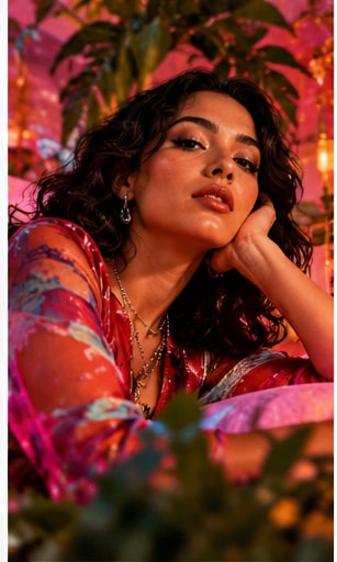 Mexican singer Girl Ultra resting her chin thoughtfully amidst lush pink tropical flowers.