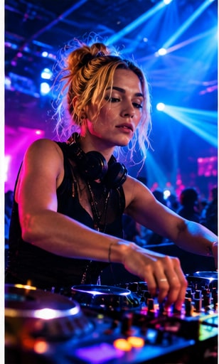 Electronic music producer HAAi mixing tracks behind DJ decks illuminated by intense blue nightclub lasers.