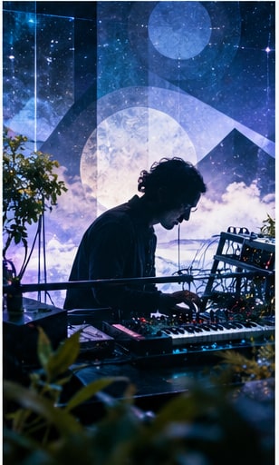 Composer Jeremiah Chiu silhouetted at a modular synthesizer against a cosmic lunar and mountain projection.